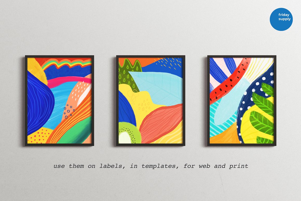 3 different colorful paintings in black frames on a gray background.