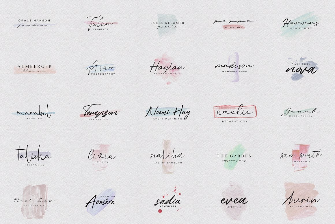 A set of 25 different watercolor script logos on a gray background.