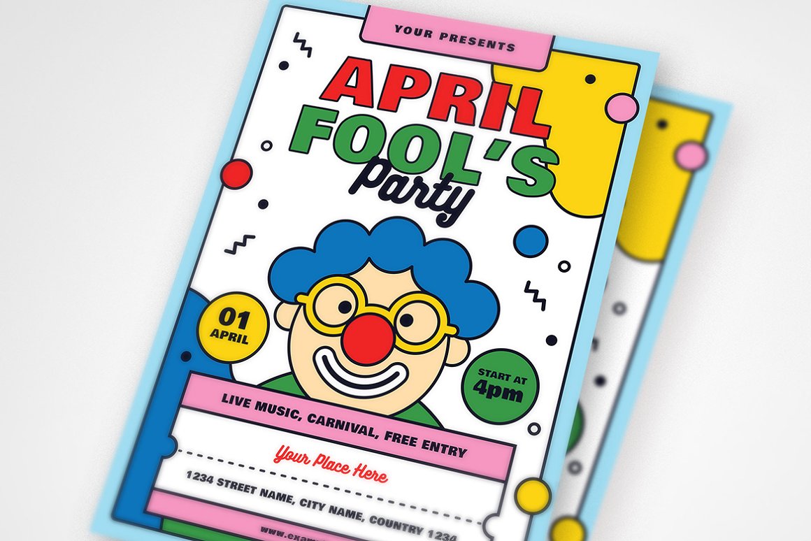 2 colorful flyers of April Fools Day party event.