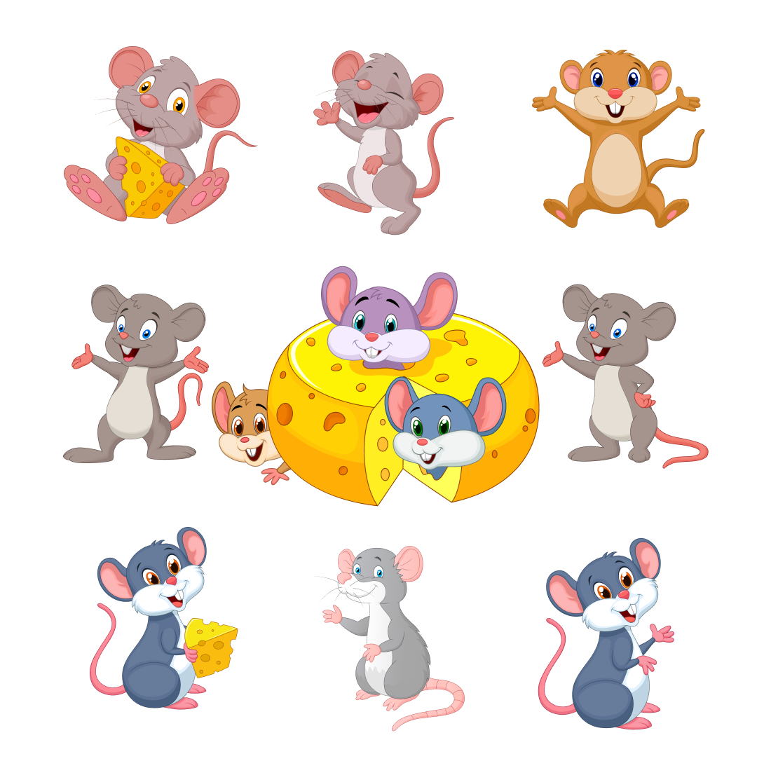 Group of cartoon mouses eating cheese.