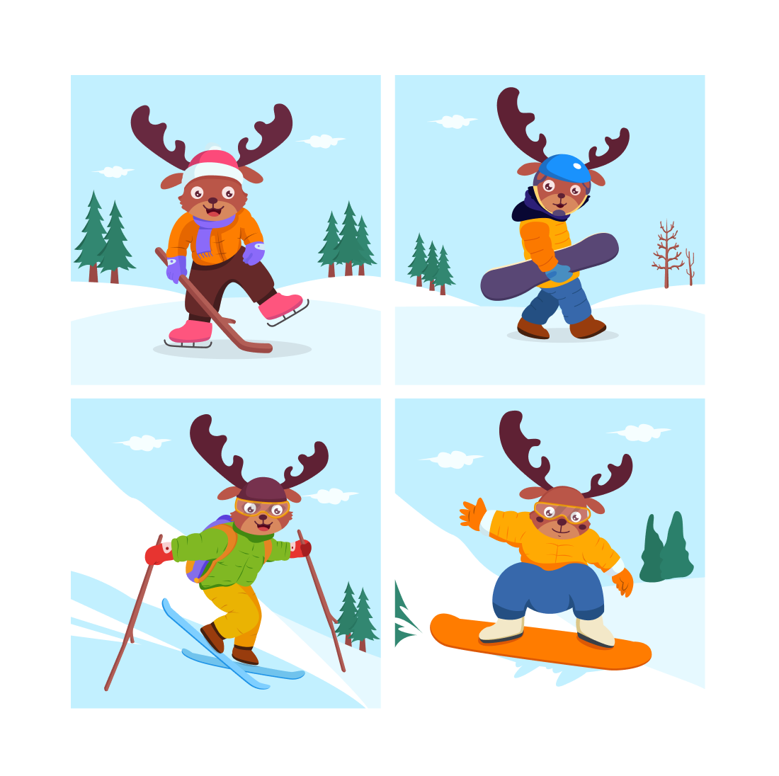 Set of four pictures of a reindeer skiing.