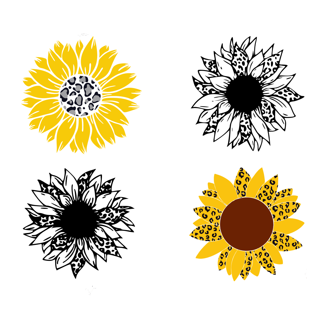 Four sunflowers are shown in four different colors.