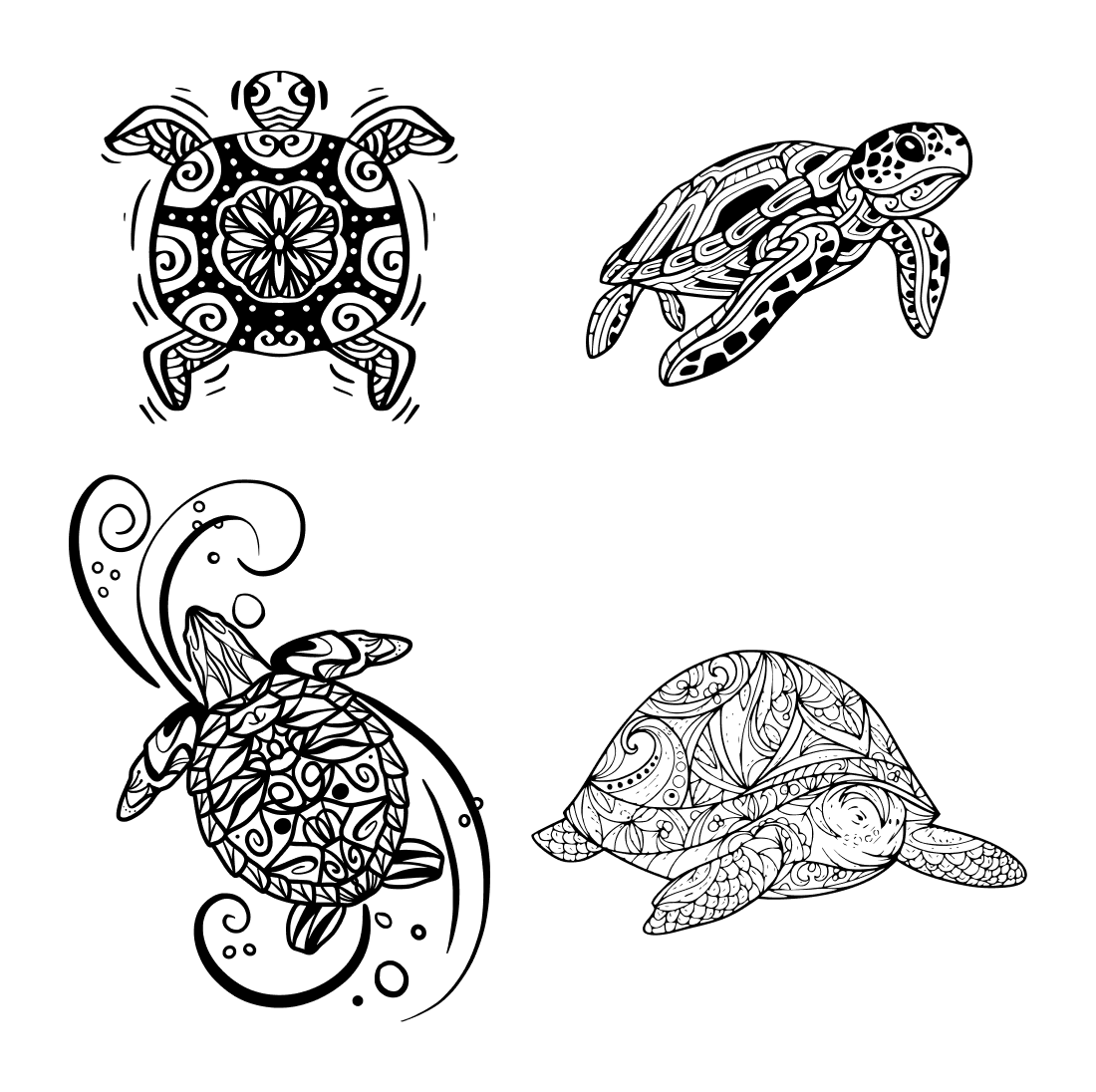 Four turtle designs in black and white on a white background.
