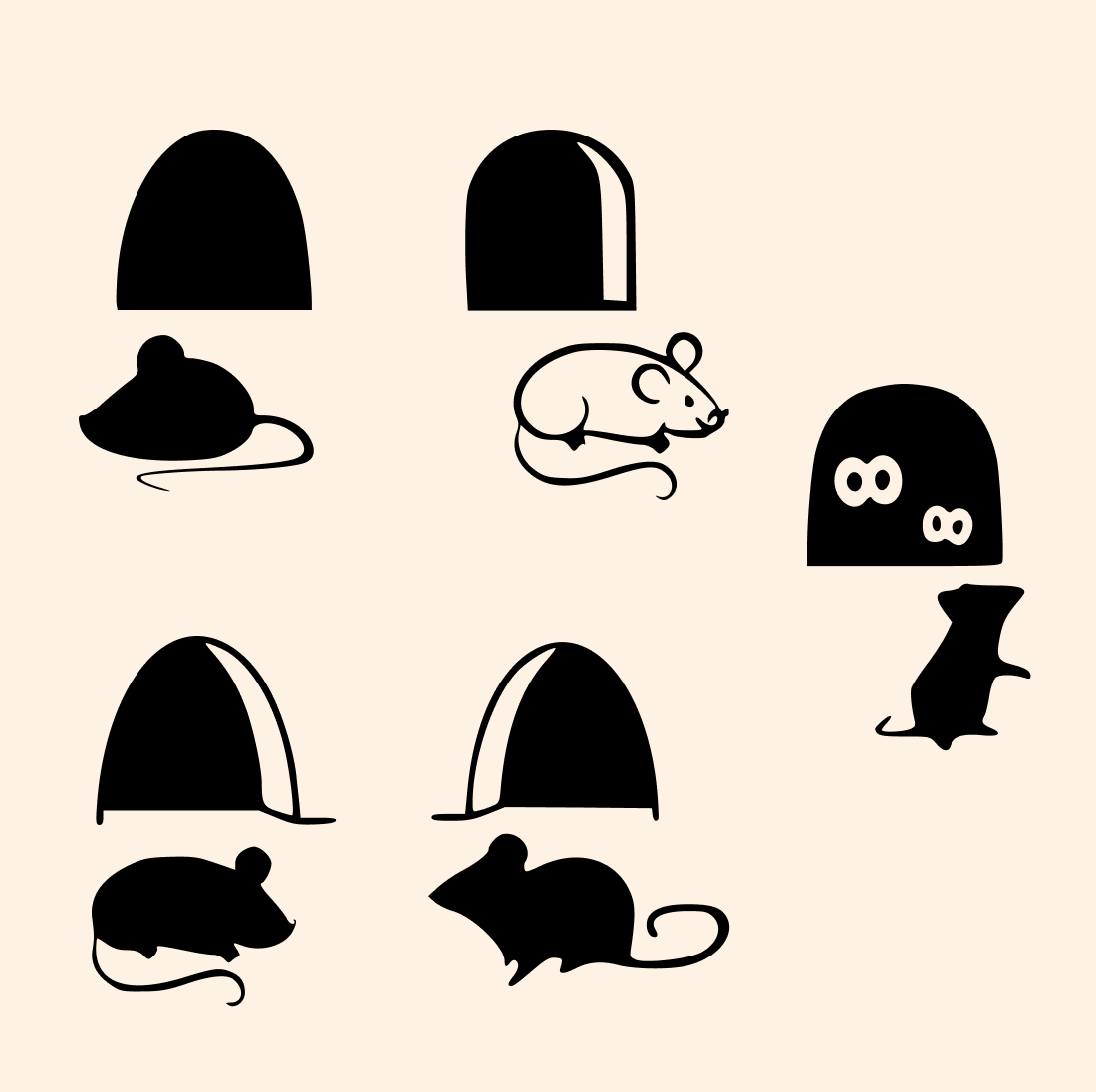 Set of black silhouettes of mice and mice.