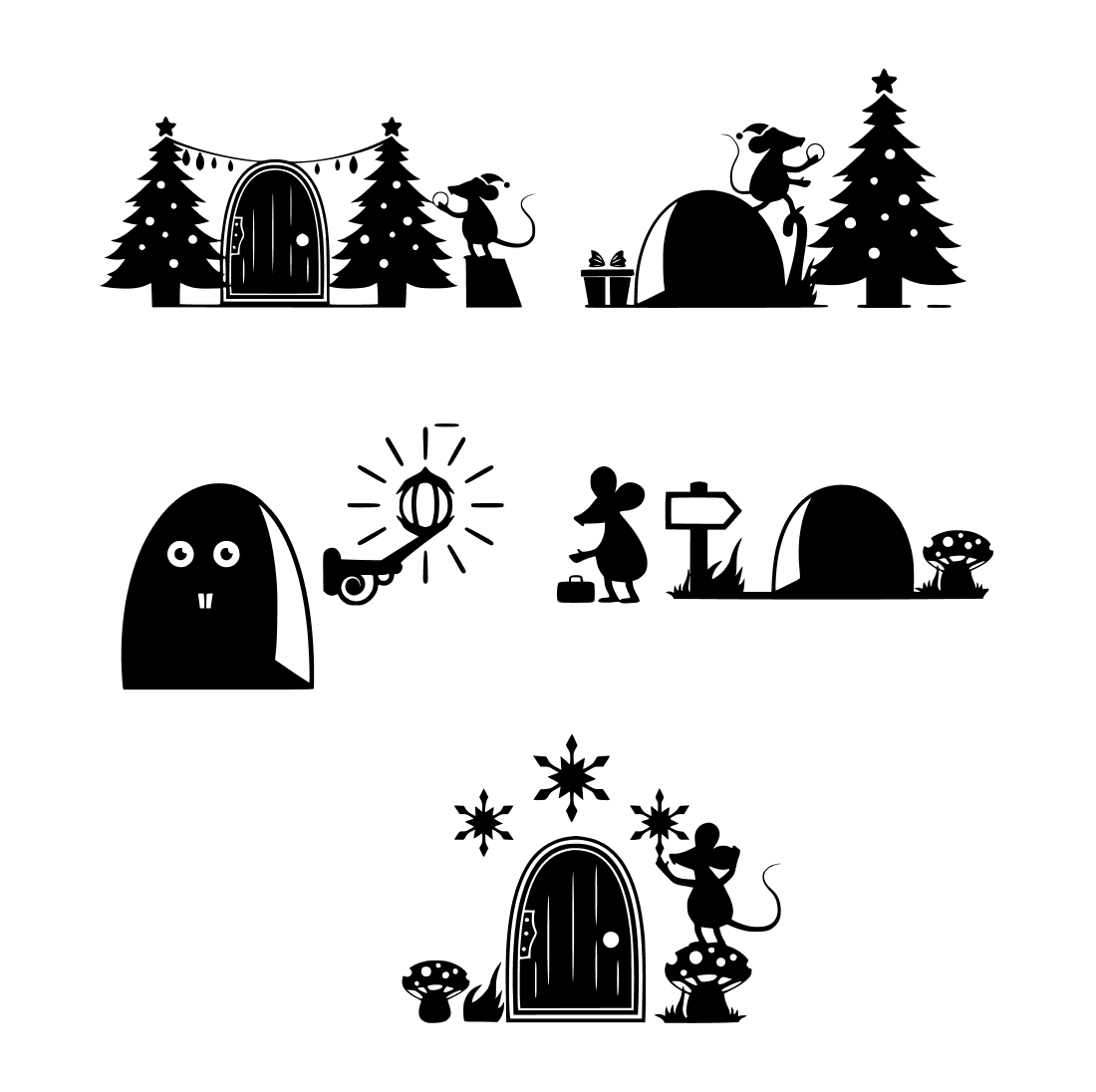 Set of four black and white silhouettes of halloween scenes.