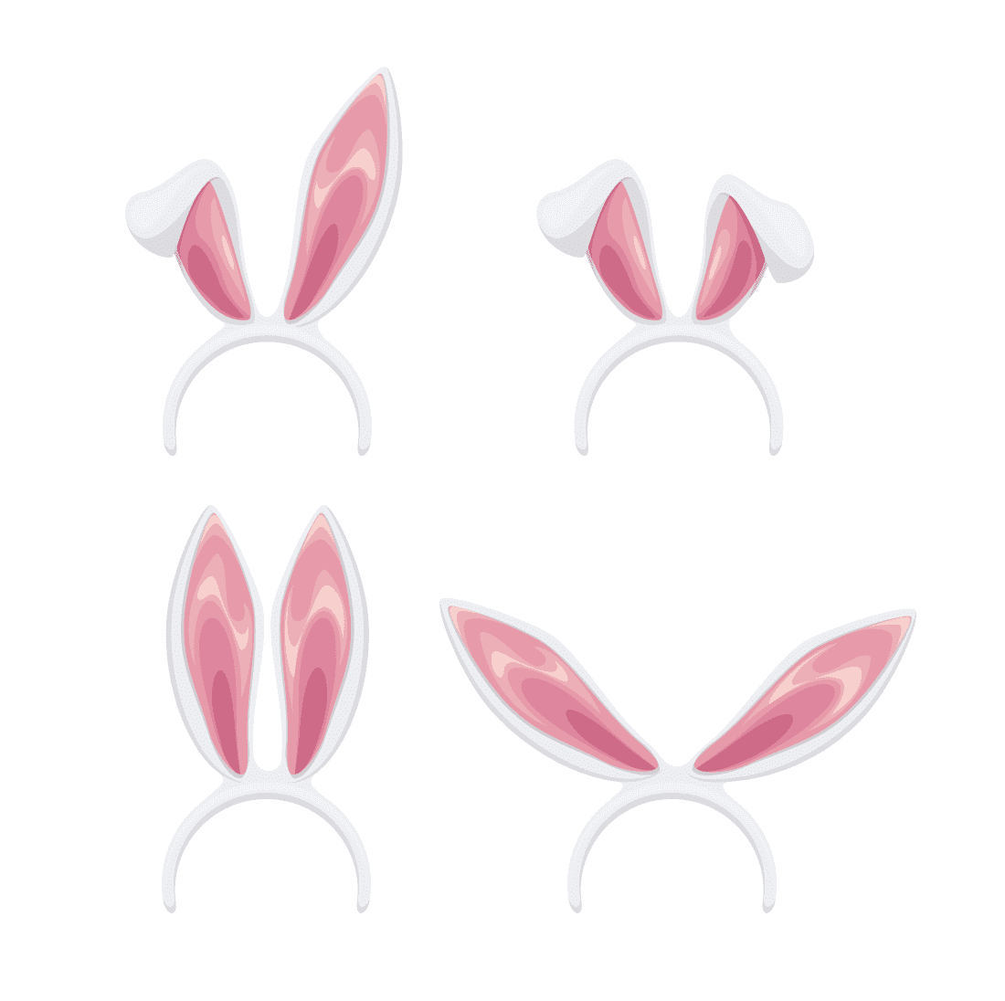 Set of three pink bunny ears on a white background.