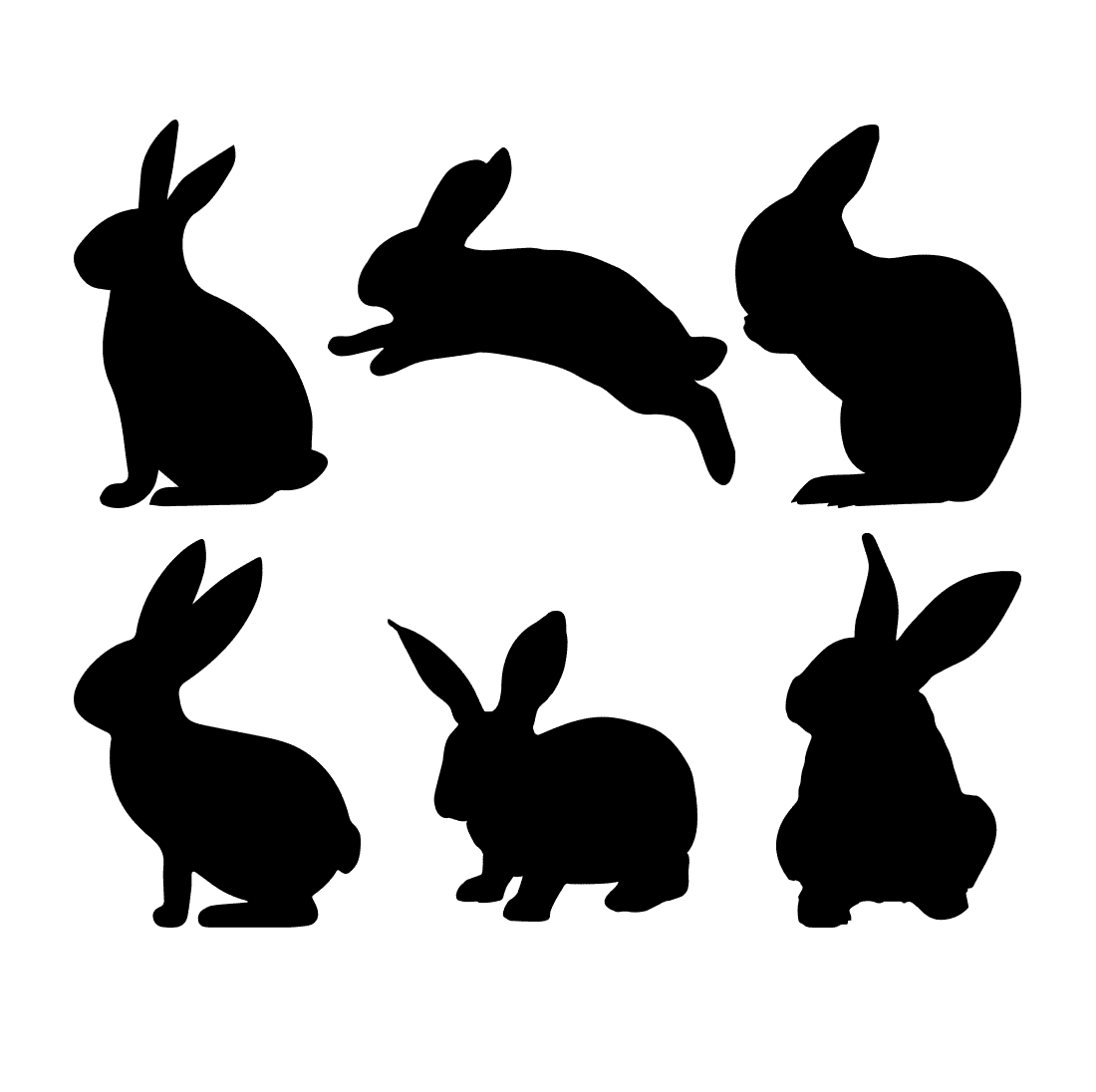 Set of silhouettes of rabbits on a white background.