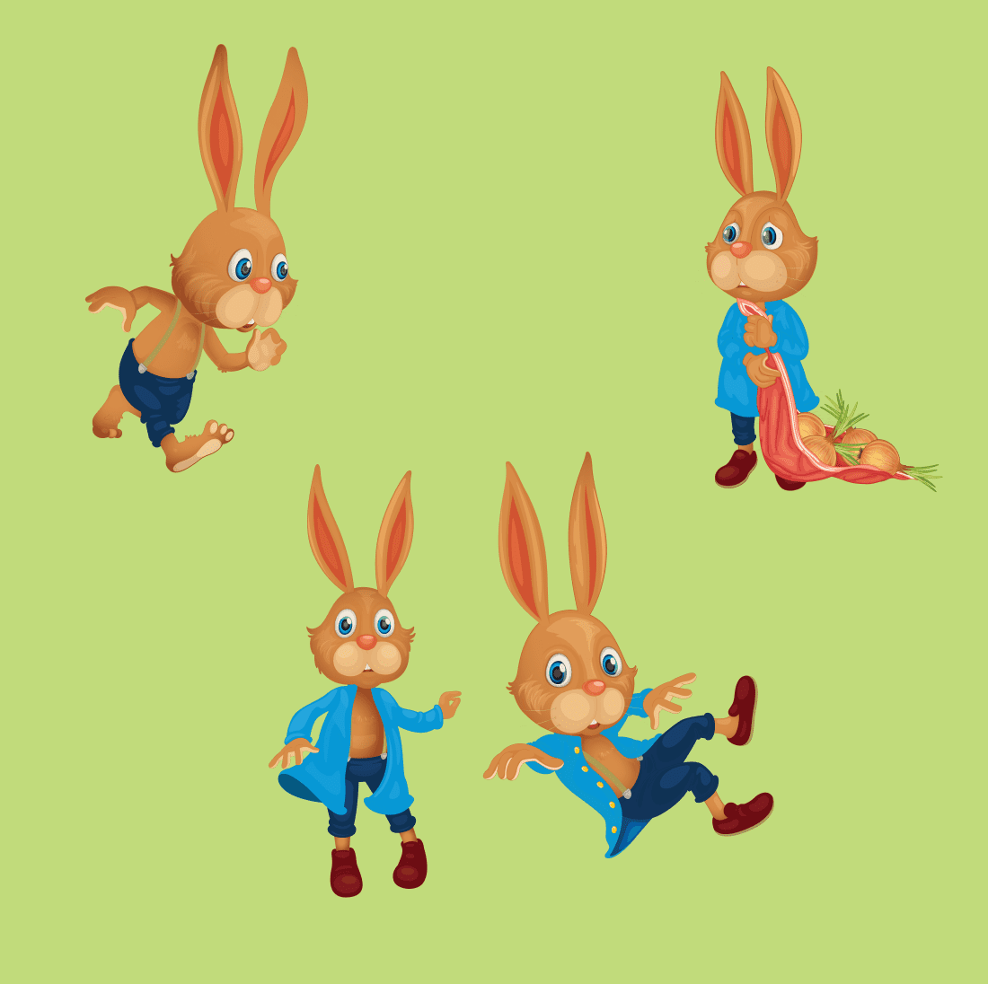 Set of three cartoon rabbits with different poses.