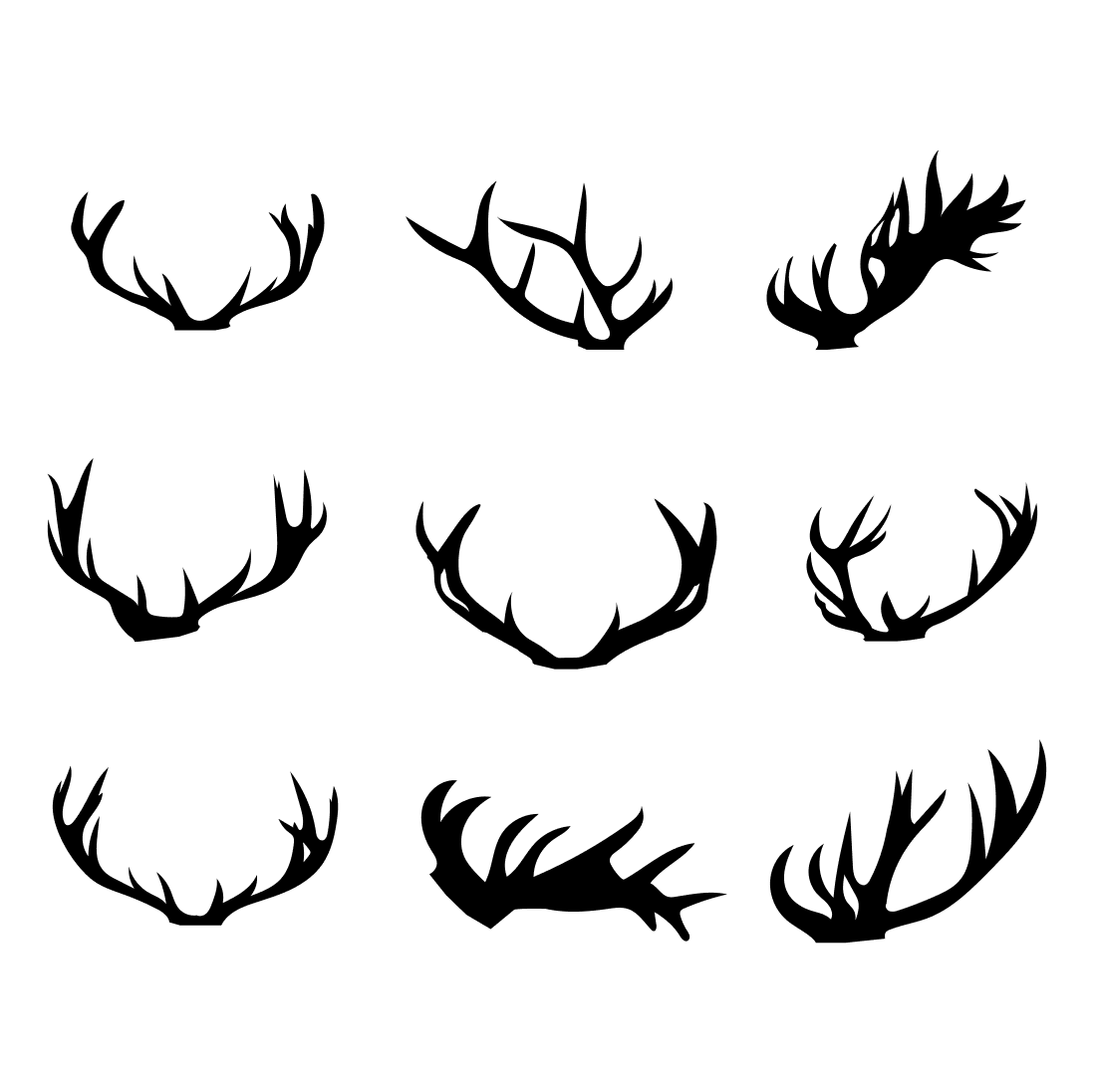 Set of antlers that are black on a white background.