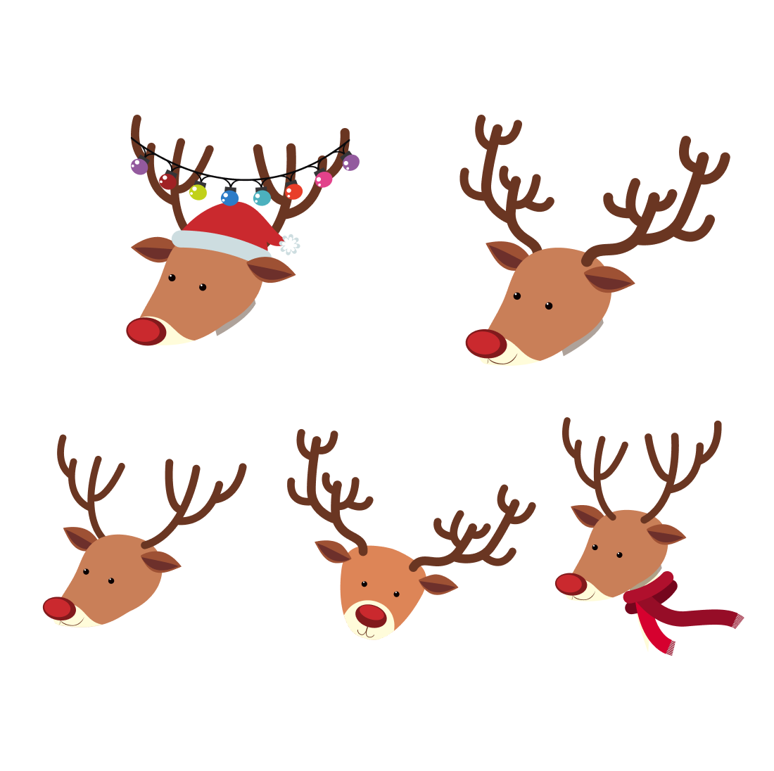 Set of four reindeer heads with christmas lights on their antlers.