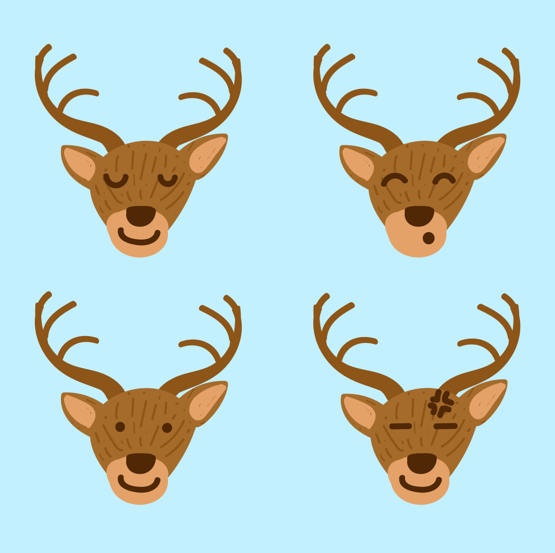 Set of four deer heads with antlers on them.
