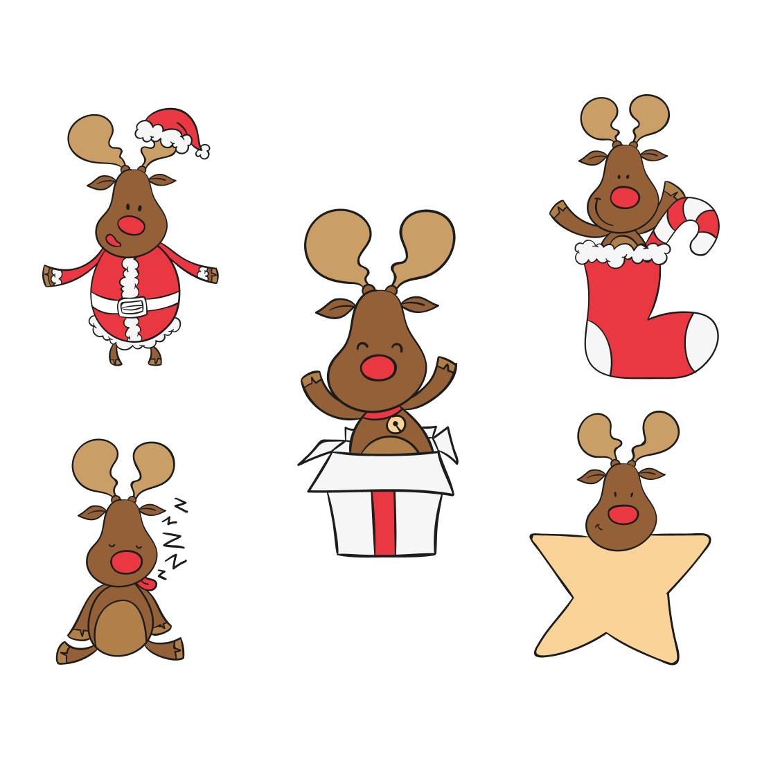 Group of reindeers with christmas hats and stockings.