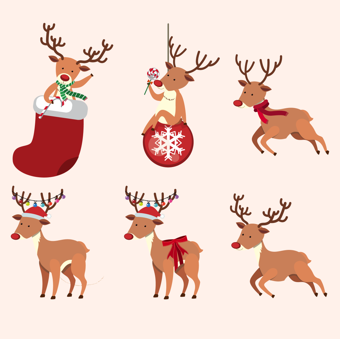 Group of reindeers with christmas decorations.