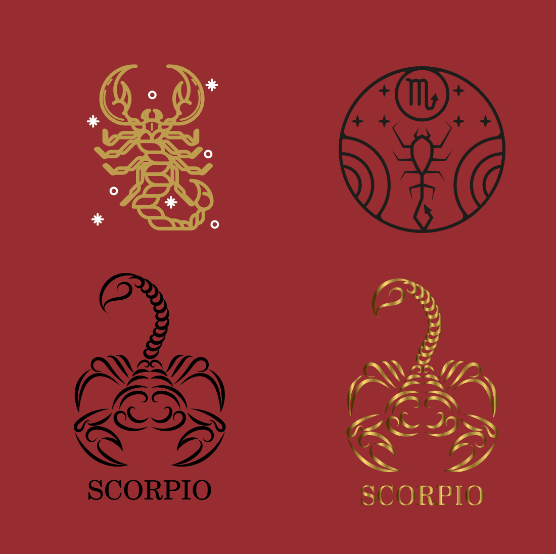 Four zodiac signs on a red background.