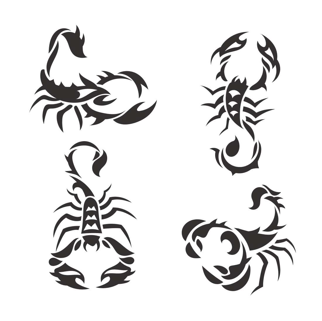 Set of four scorpion tattoos on a white background.