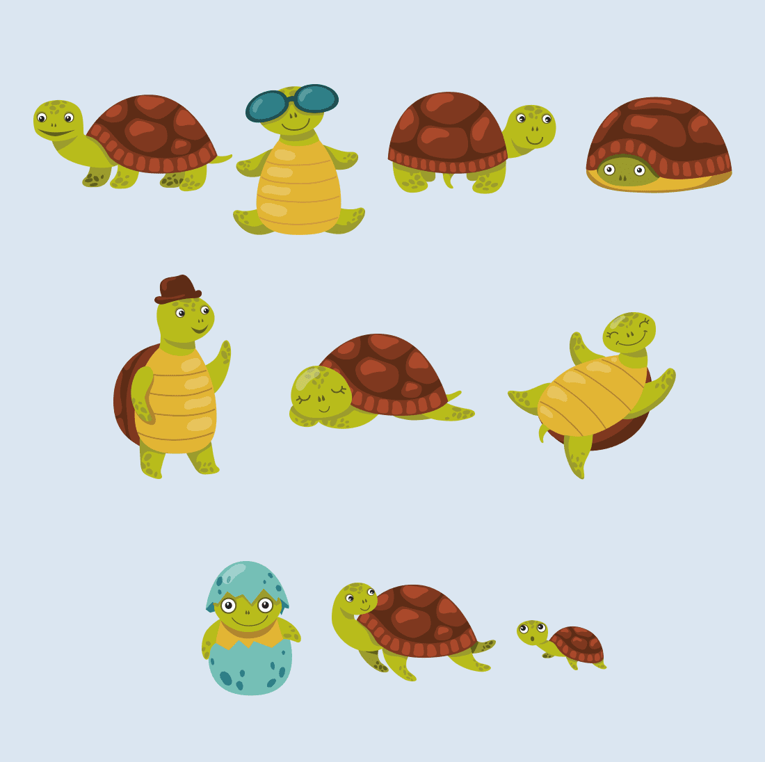 Group of turtles in different positions on a blue background.