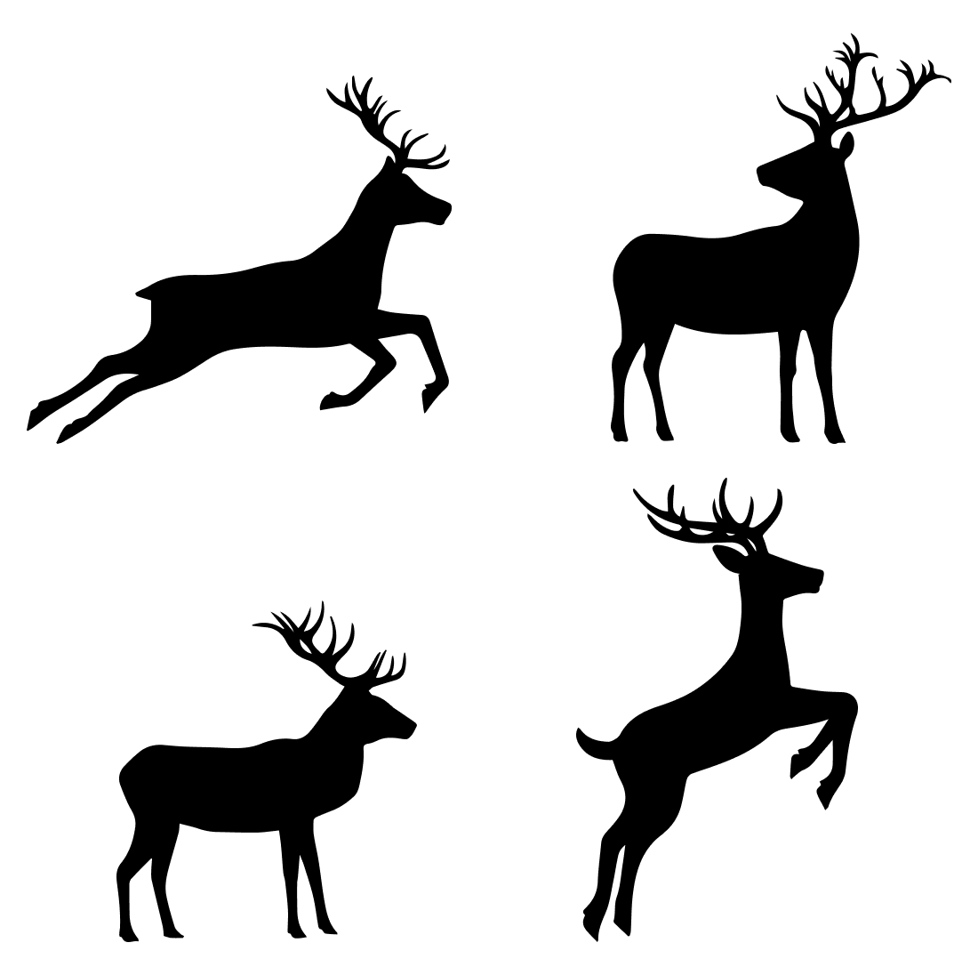 Four silhouettes of deers on a white background.