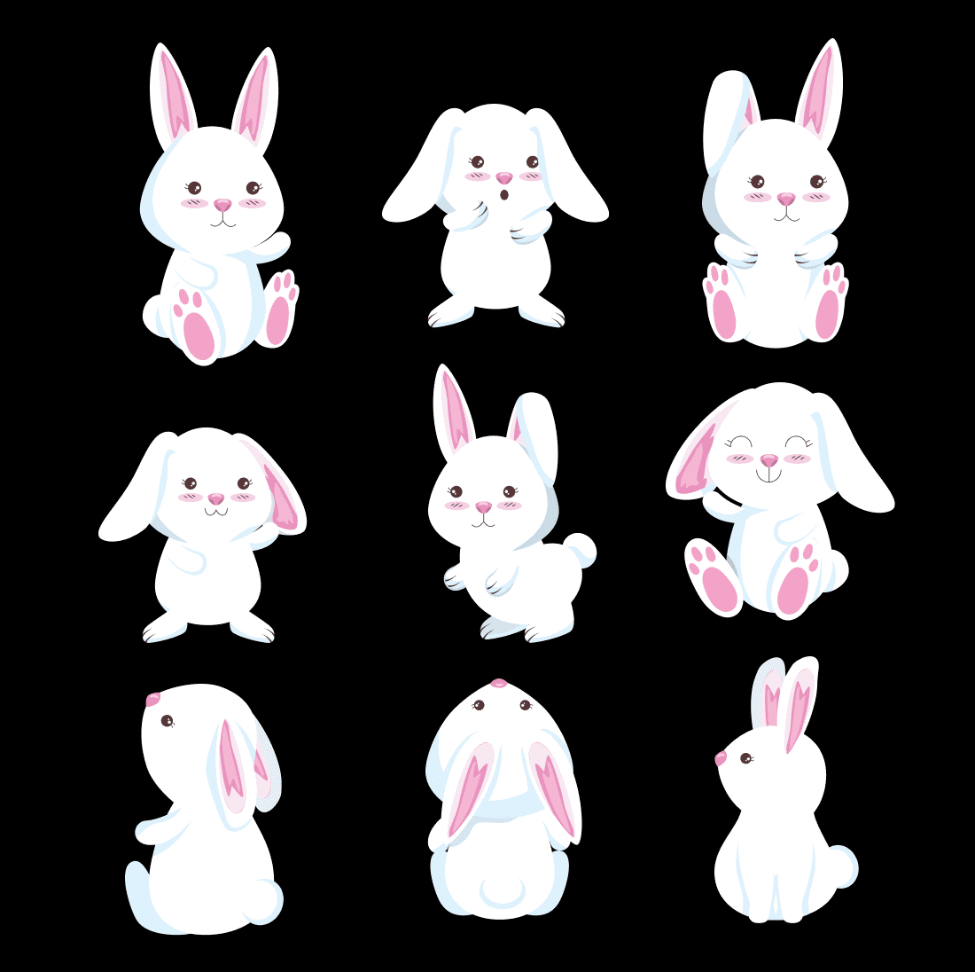 Bunch of white rabbits with different expressions.