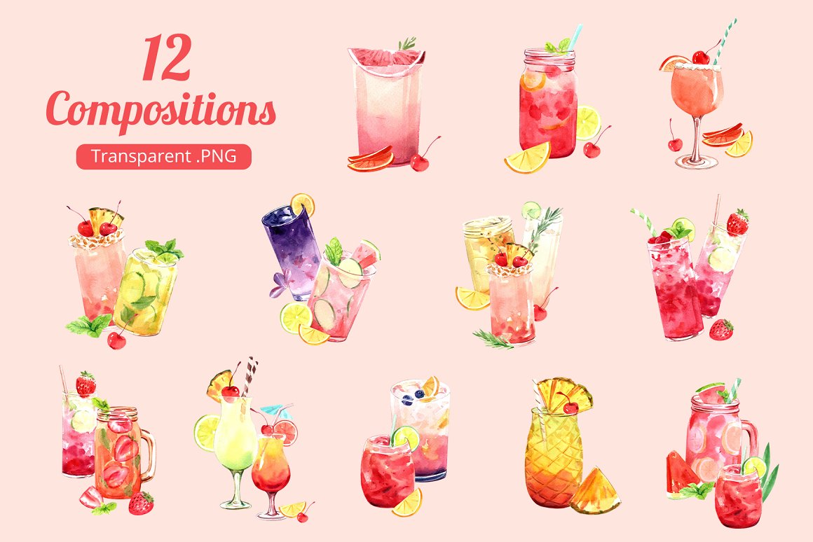 Red lettering "12 Compositions" and 12 different illustrations of compositions with drinks on a pink background.