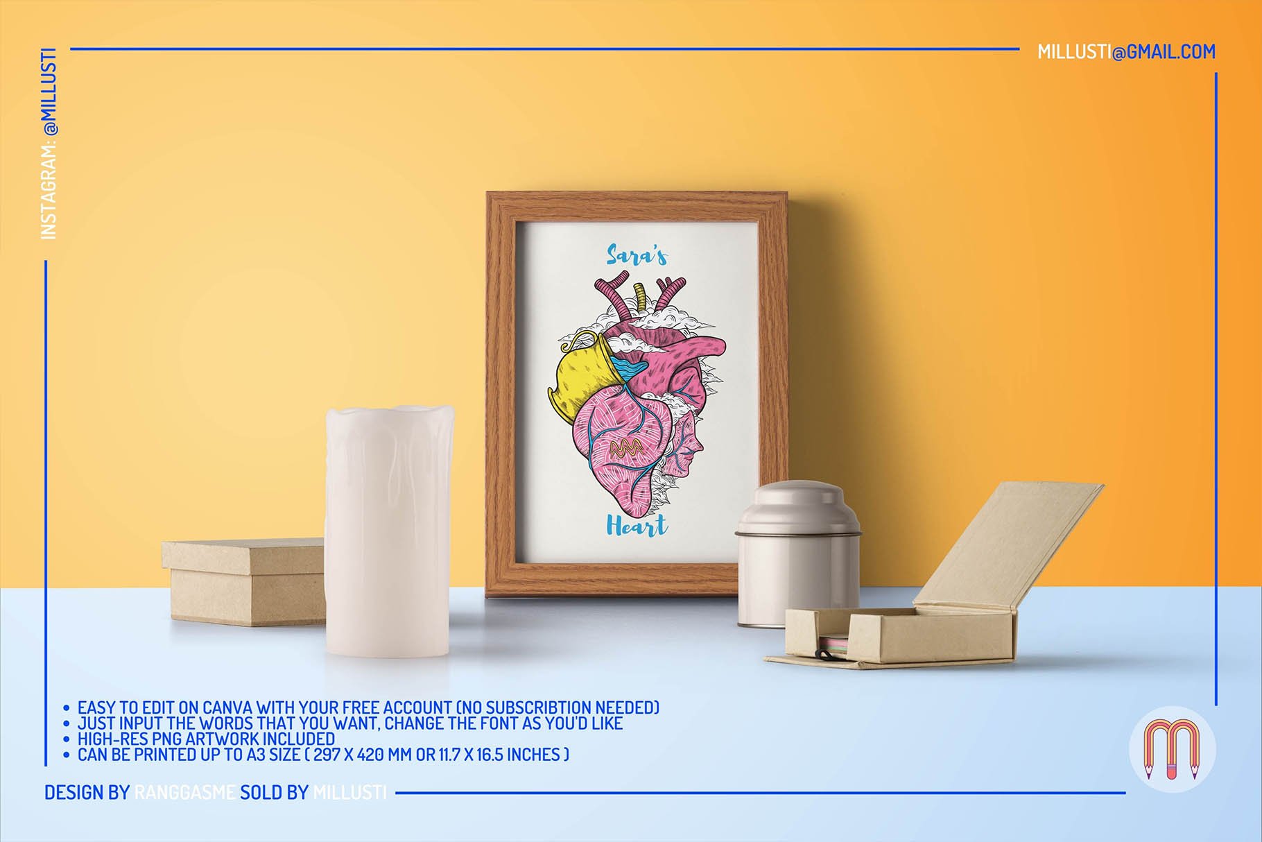 Classic poster with a wooden frame and high quality heart graphic.