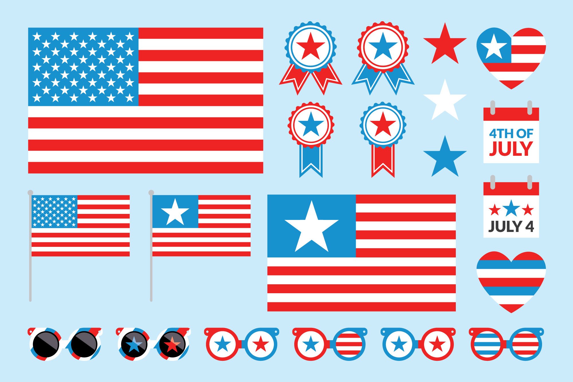 Light blue background with the so colorful USA elements.