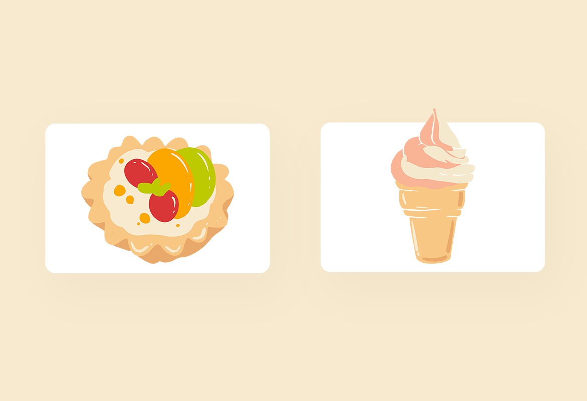 Cute ice cream illustration and sweet cupcake.