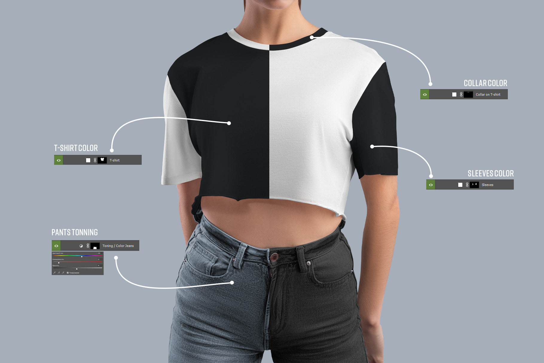 Mockups Crop Top Woman T-shirt Black and White Design preview image.