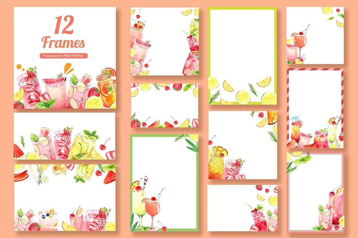 Red lettering "12 Frames" and 12 different frames with drinks on a pink background.