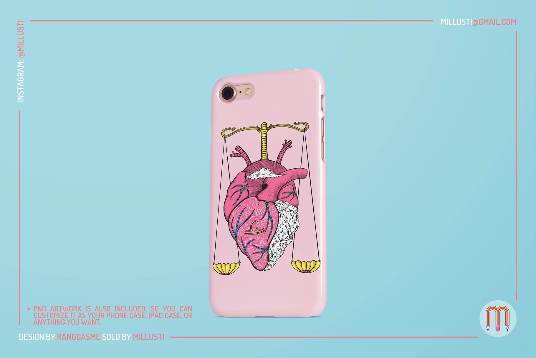 Cool pink phone case with the anatomy heart.