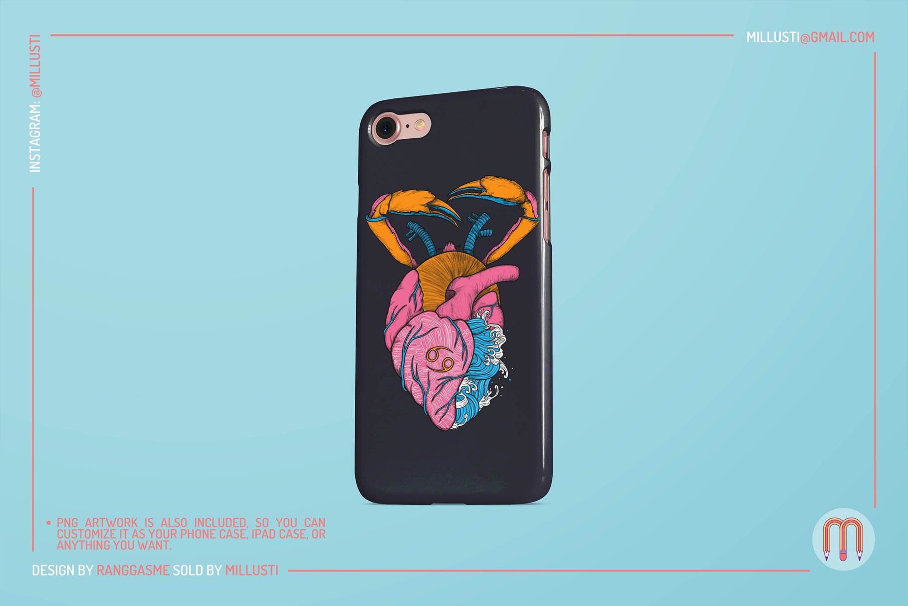 Black phone case with a colorful cancer heart.