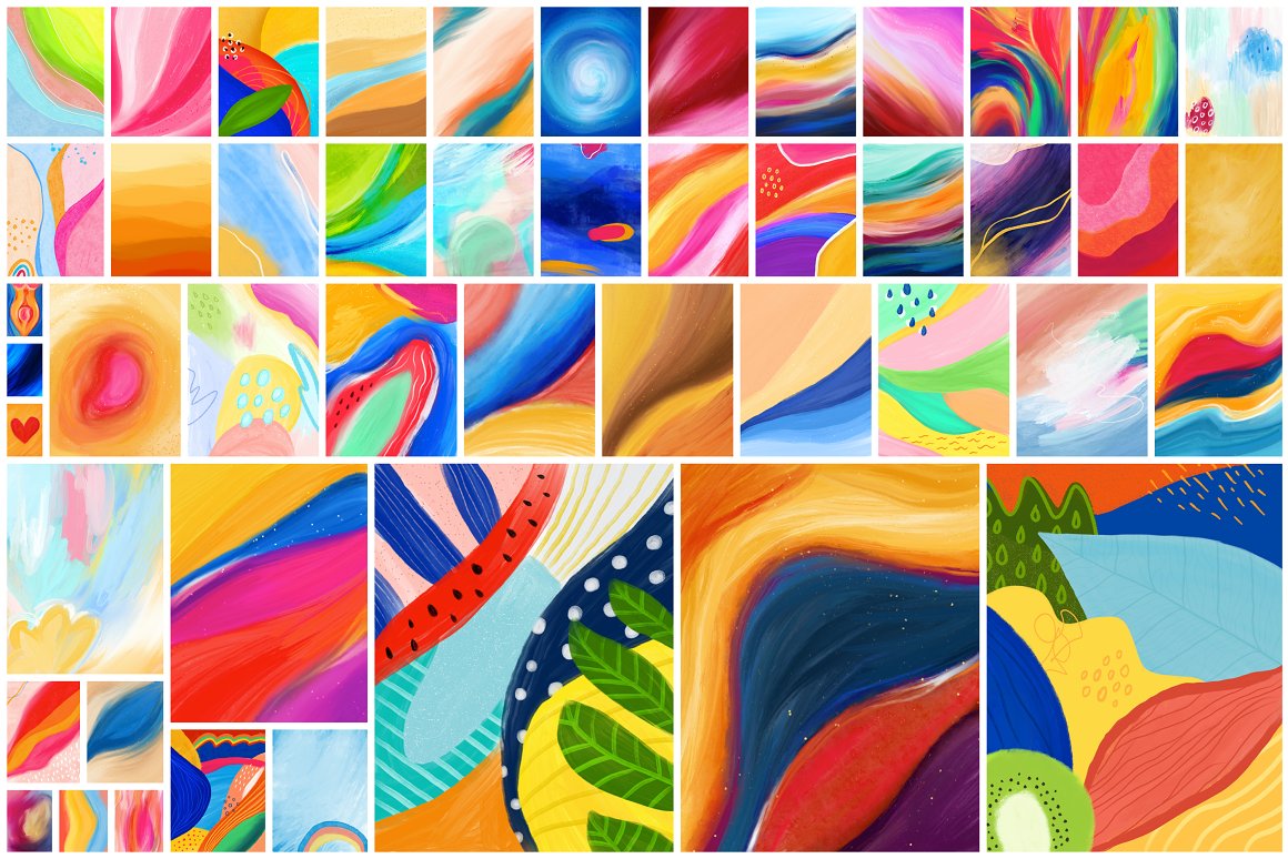 Collection of 48 unique and colorful acrylic paintings.