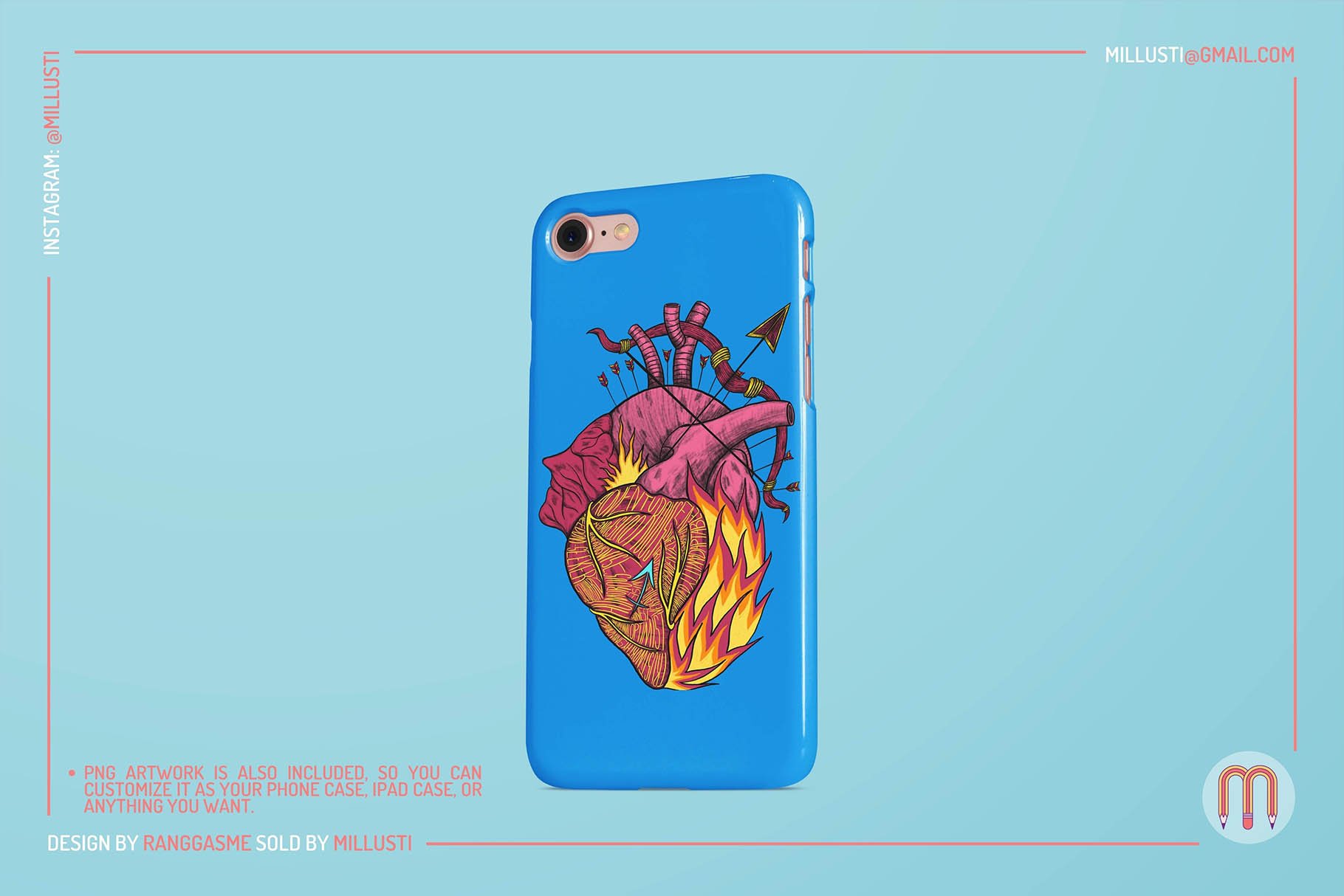 Blue phone case with the heart design.