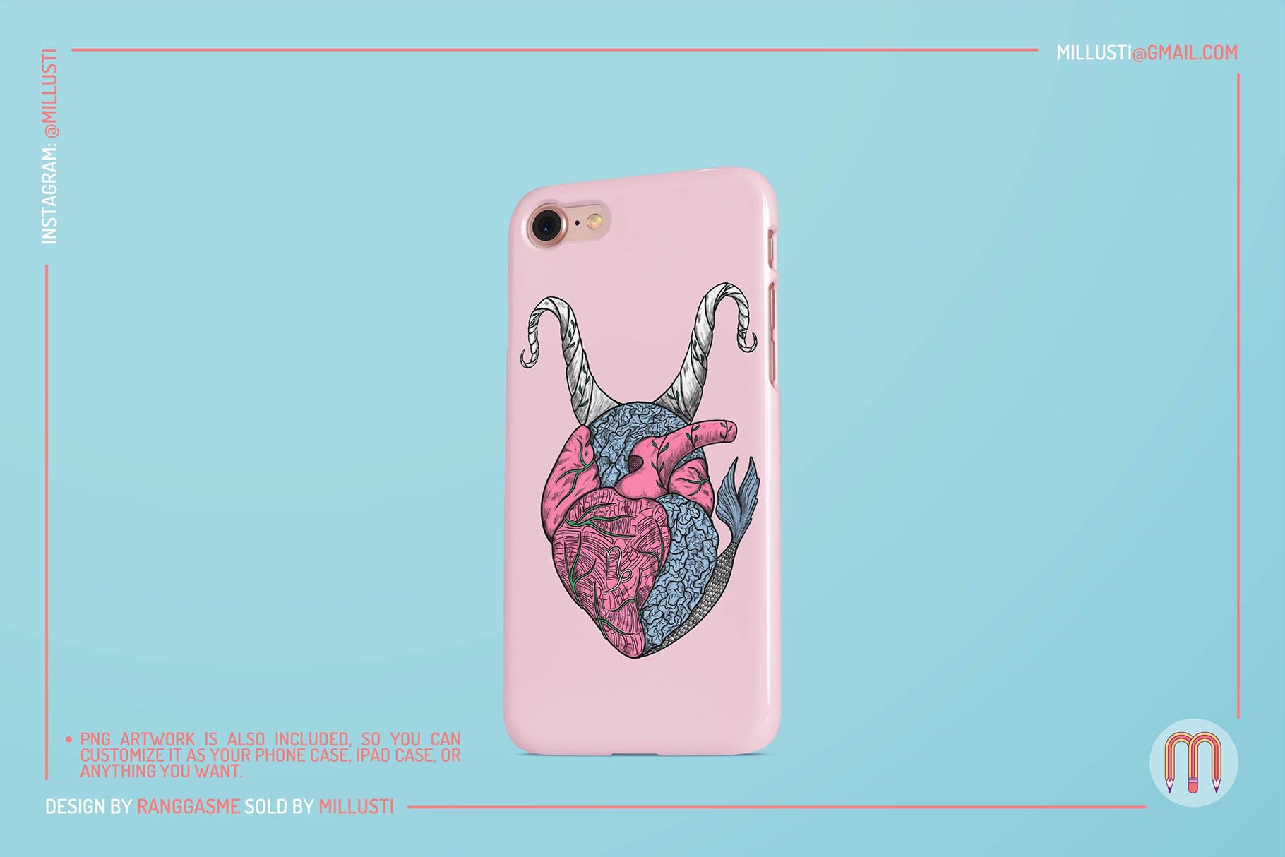 Pink phone case with the heart design.