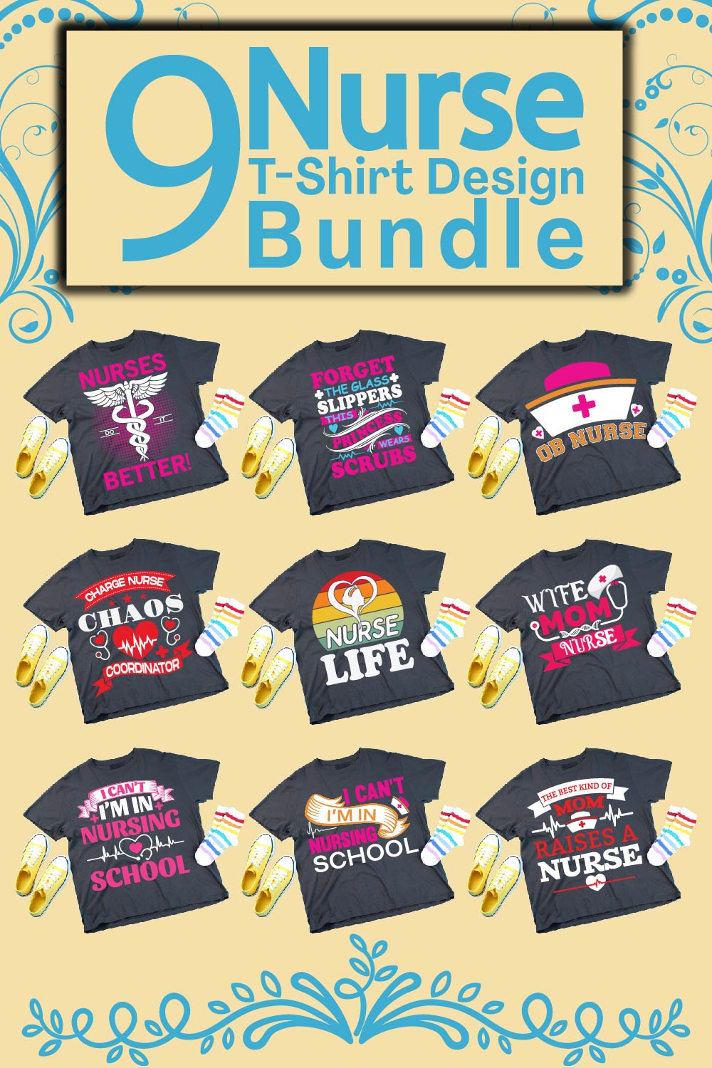 Bundle of images of t-shirts with enchanting print about nurses.
