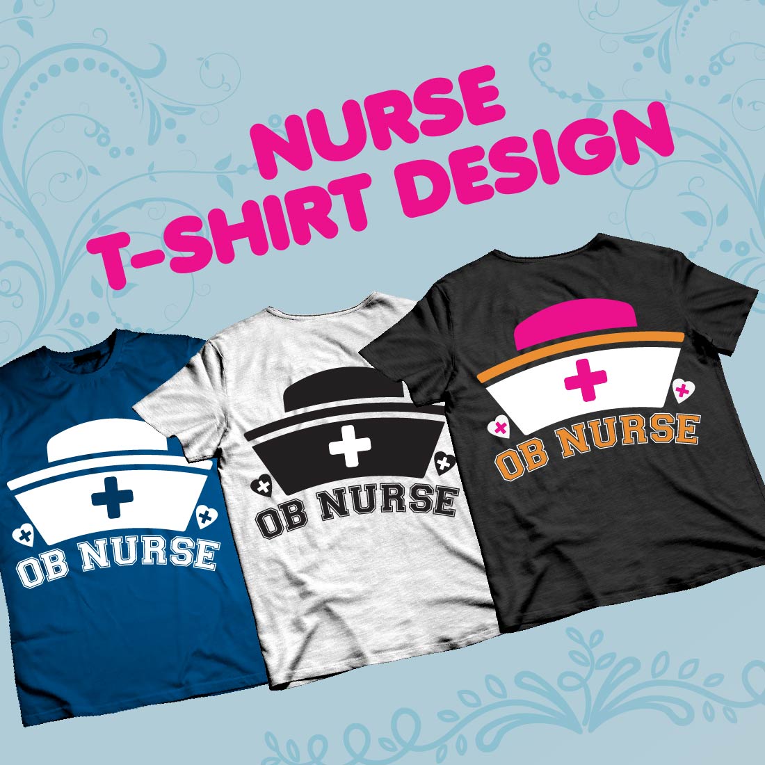 Set of images of t-shirts with a colorful print about nurses.