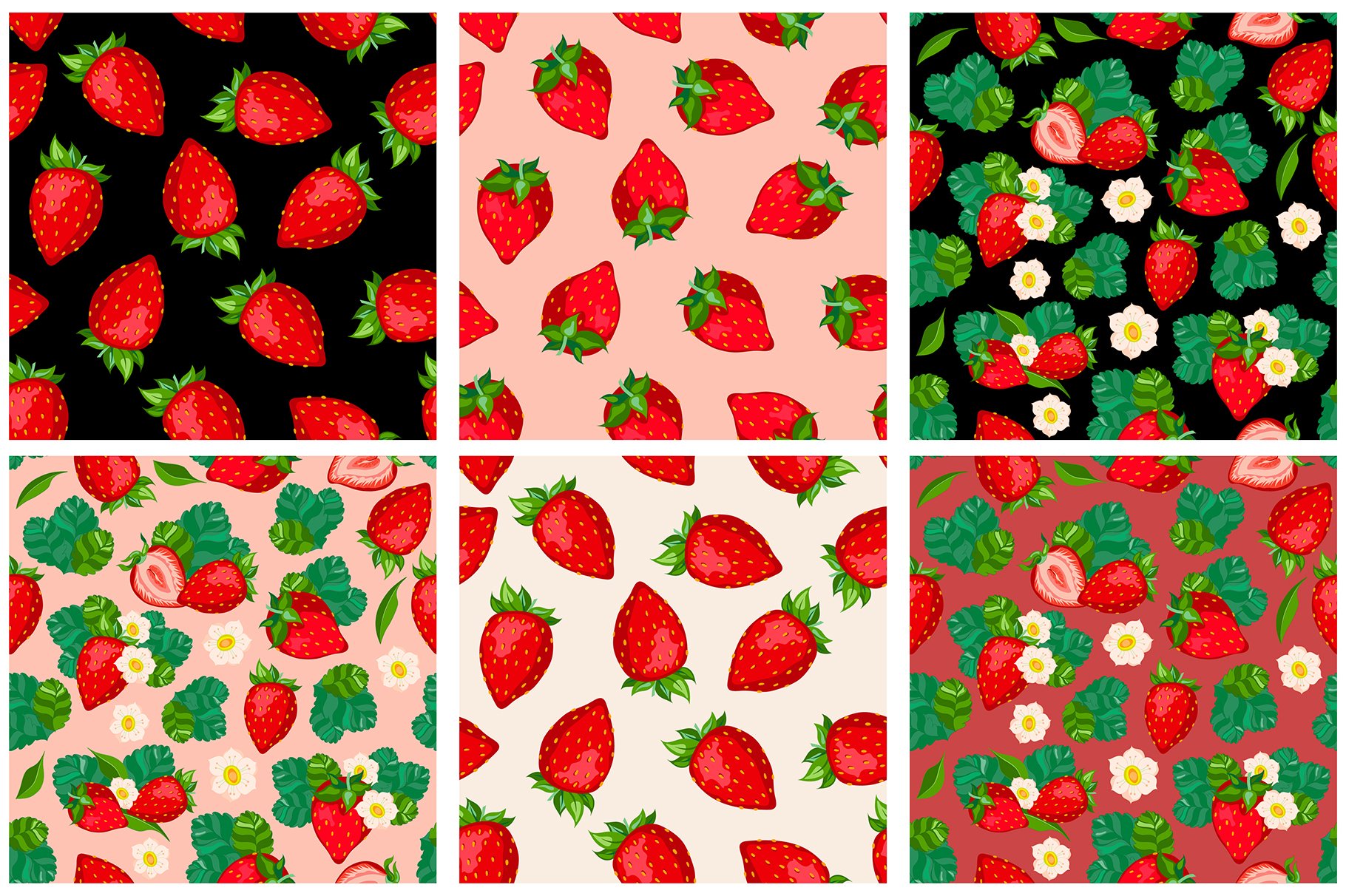 A set of 6 different seamless patterns with strawberry.