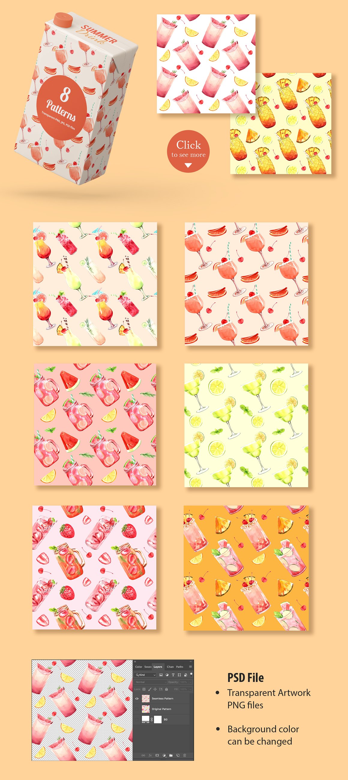 White lettering "8 Patterns" on a red background and 8 different patterns with drinks on a peach background.