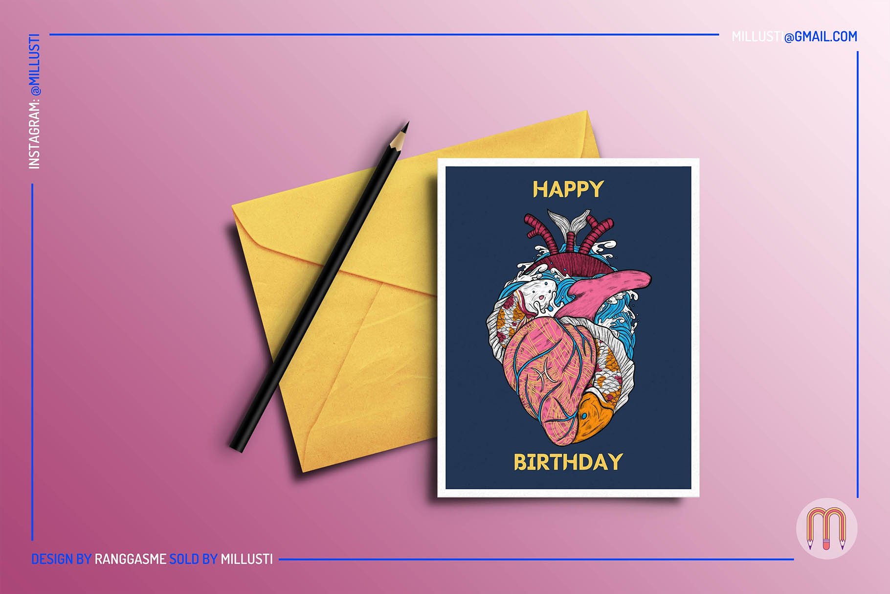 Dark blue postcard with the bright astrology heart.