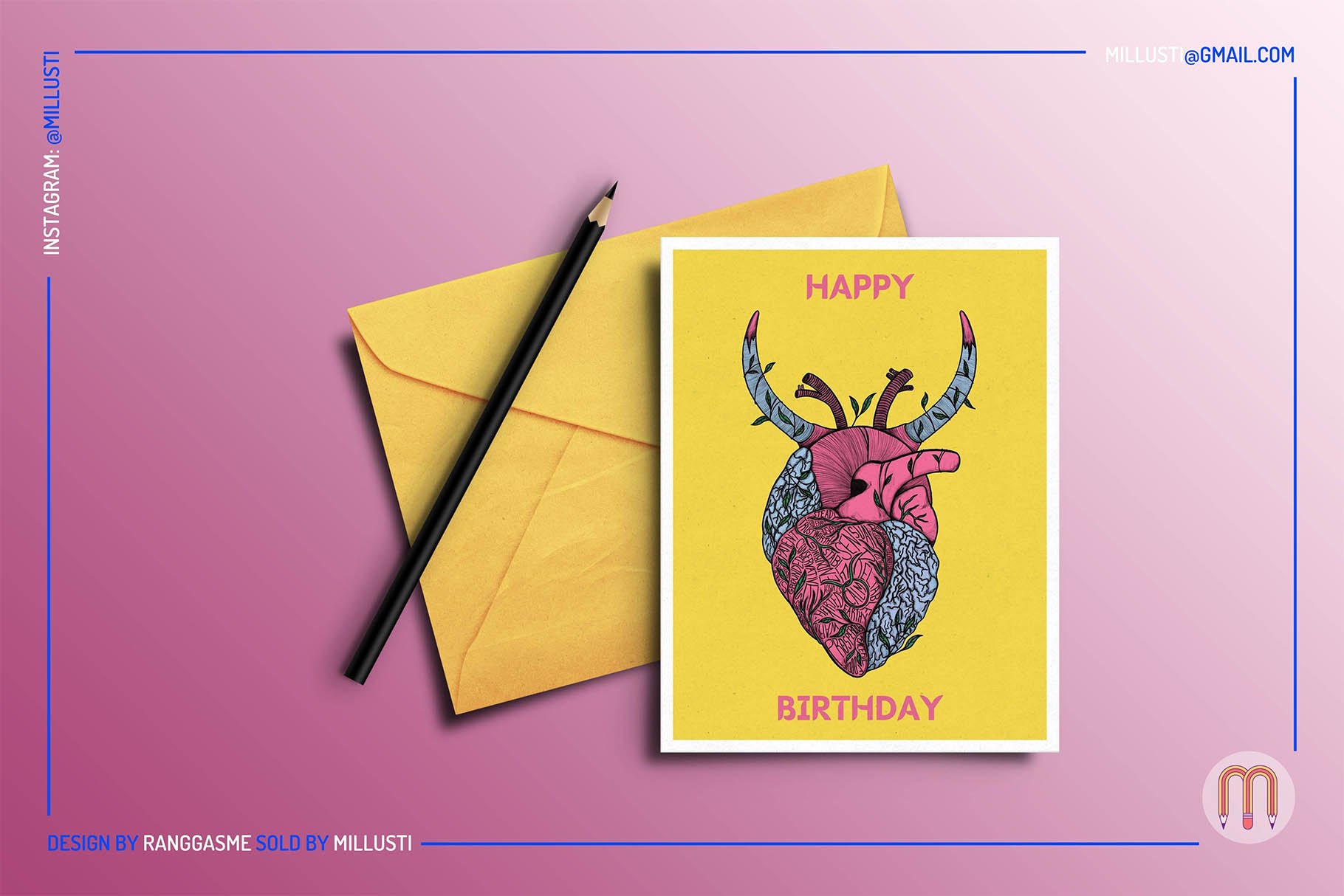 Yellow postcard with a greeting and colorful astrology heart.