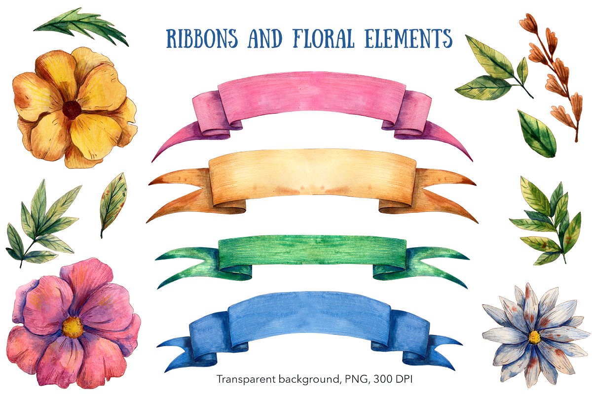 There are ribbons and floral elements.