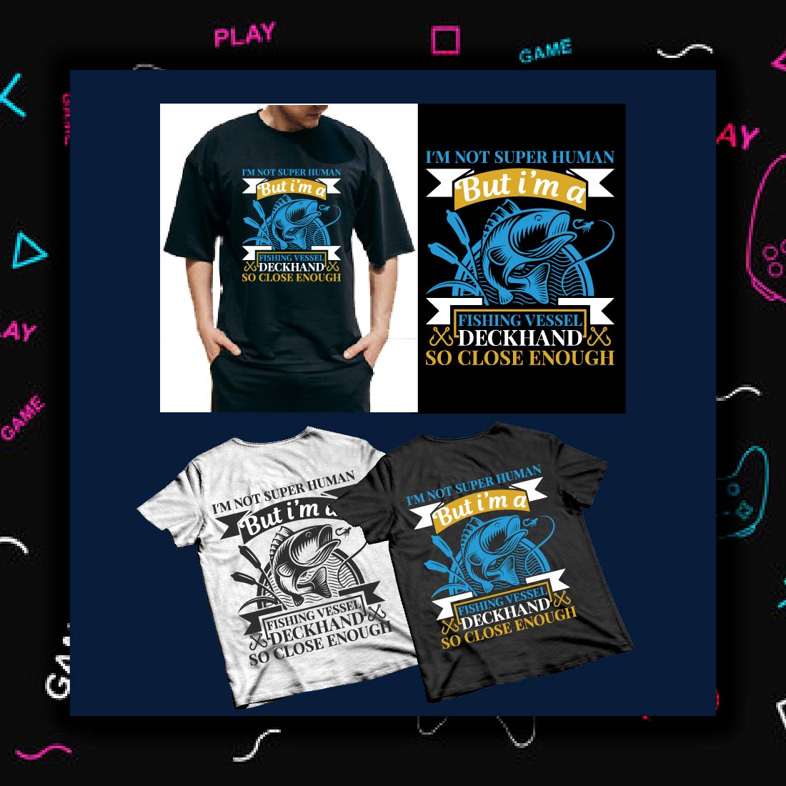 A pack of images of t-shirts with wonderful prints on the theme of fishing.