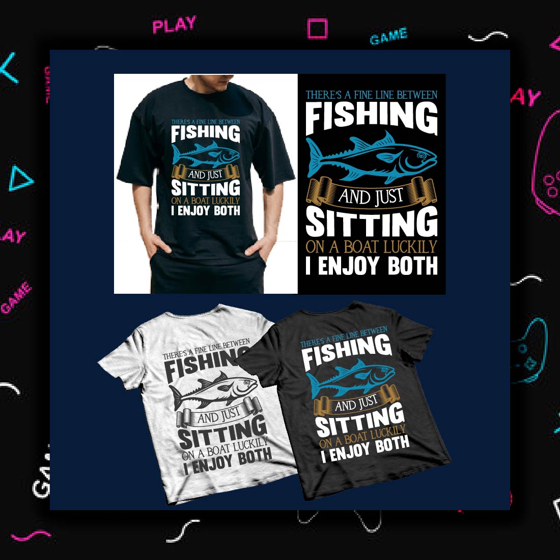 Bundle of images of t-shirts with amazing prints on the theme of fishing.