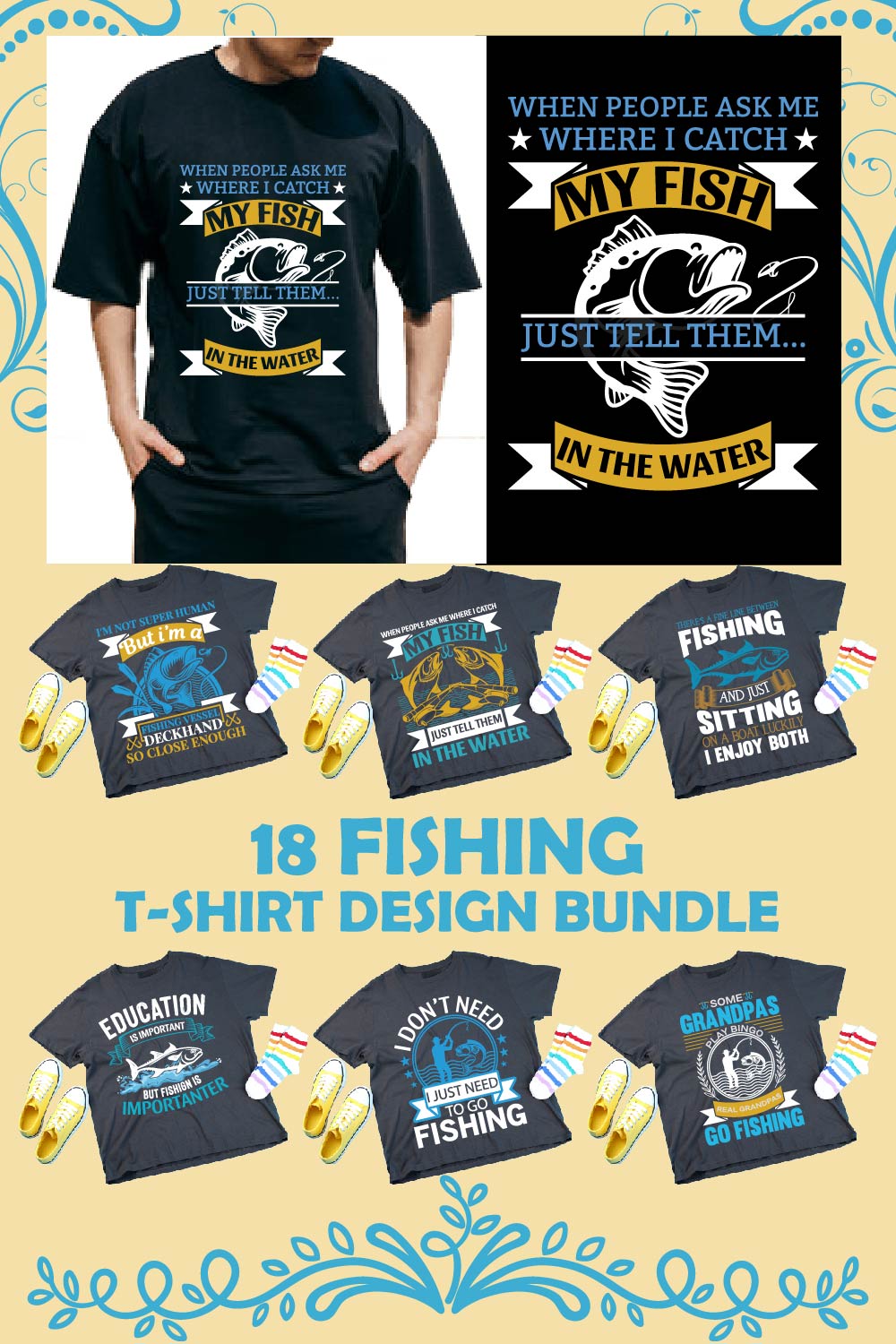 Collection of images of t-shirts with exquisite prints on the theme of fishing.