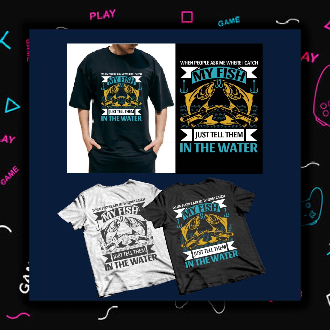 A selection of images of t-shirts with enchanting prints on the theme of fishing.