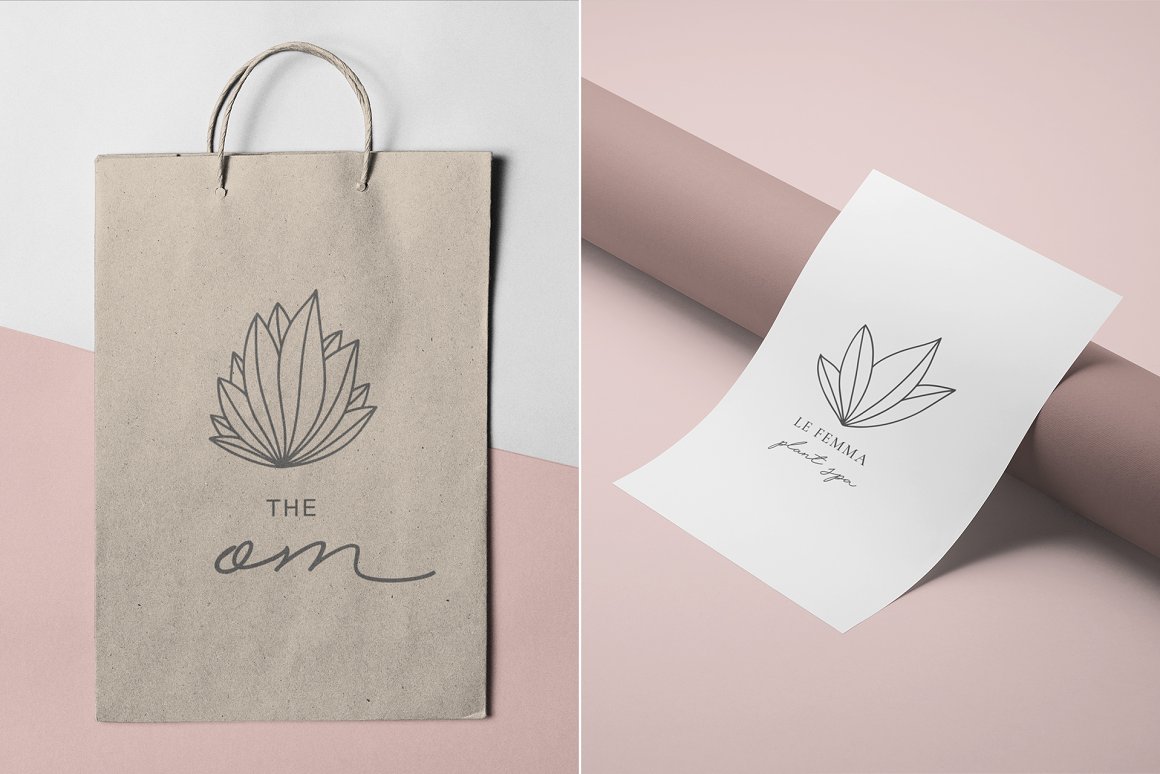 Craft package with black line art logo "The om" and white card with black line art logo "Le Femma" on a pink background.