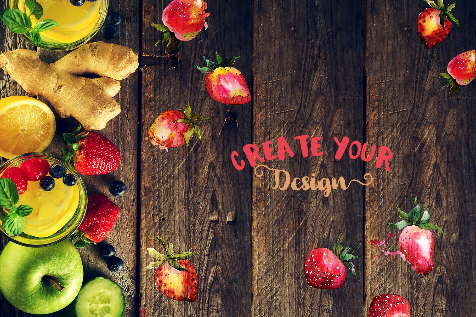 Wooden background with the fruits.