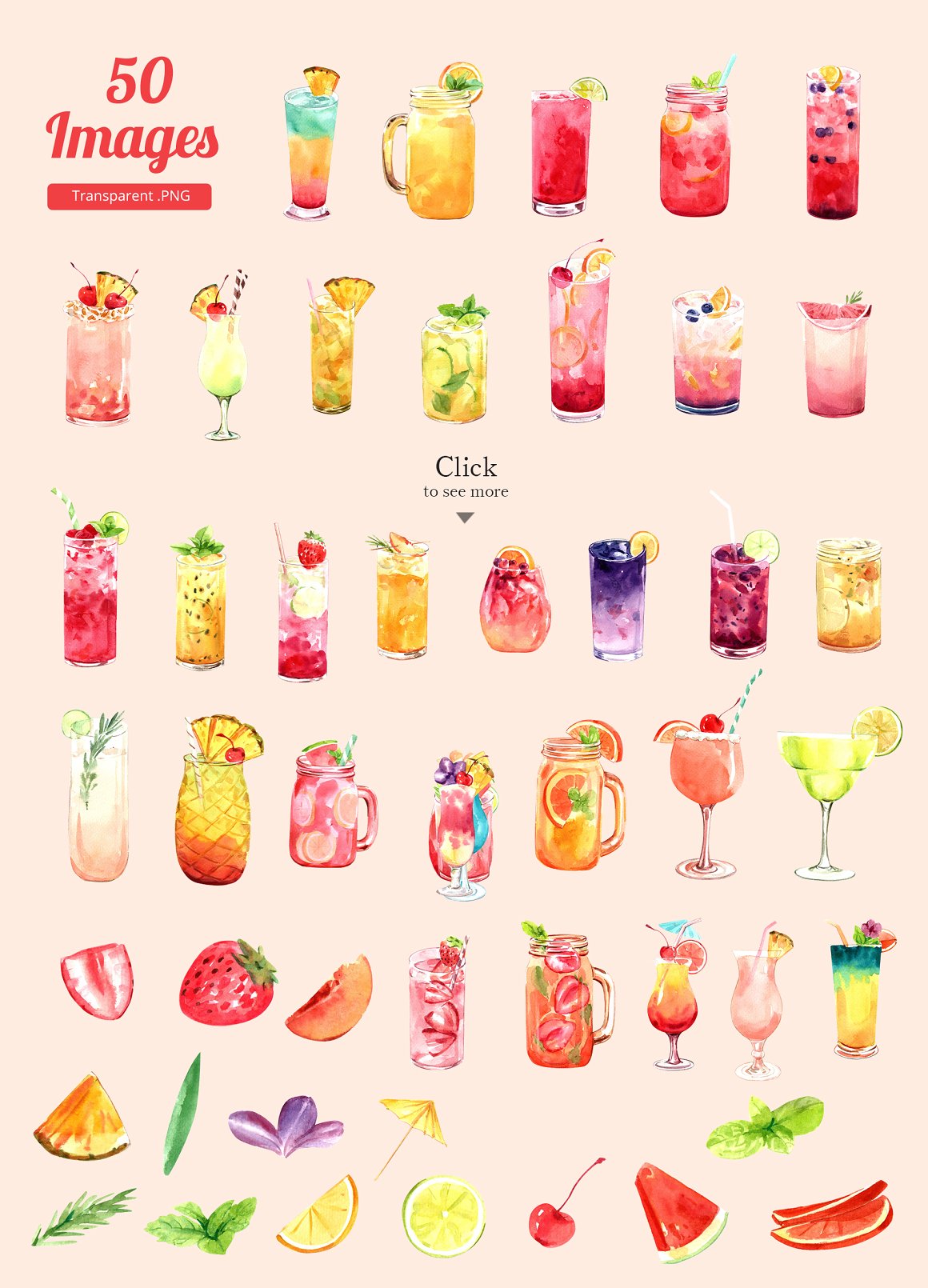 Red lettering "50 Images" and 50 different illustrations of drinks on a pink background.