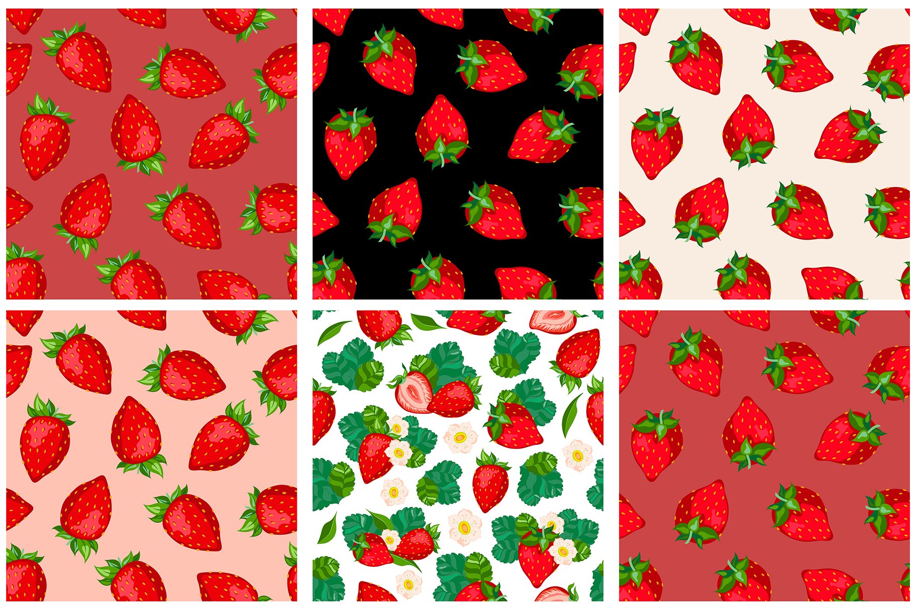 Beautiful 6 different patterns with strawberries and leaves.