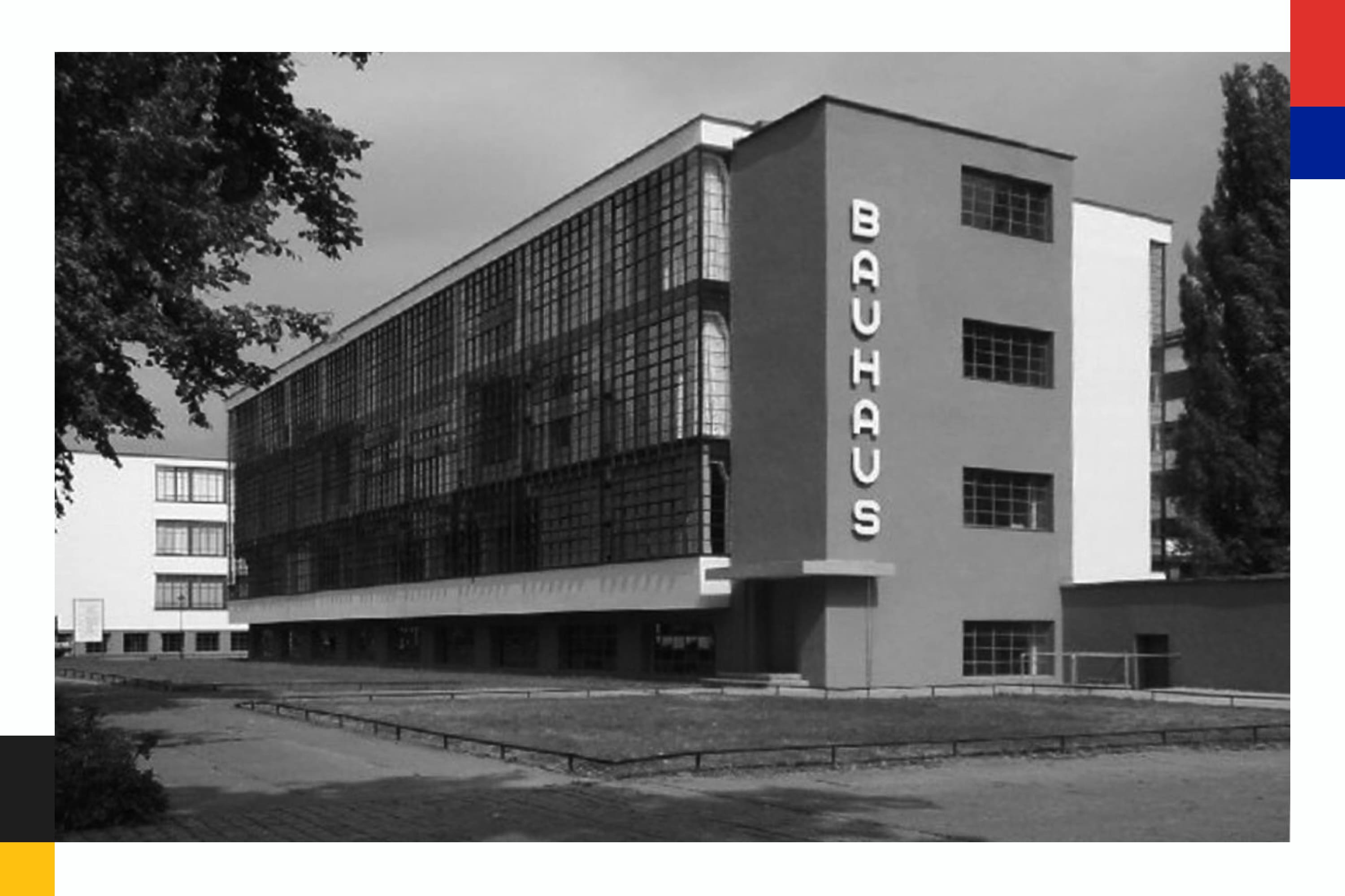 Black and white photo of the building with logo inscription BAUHAUS.