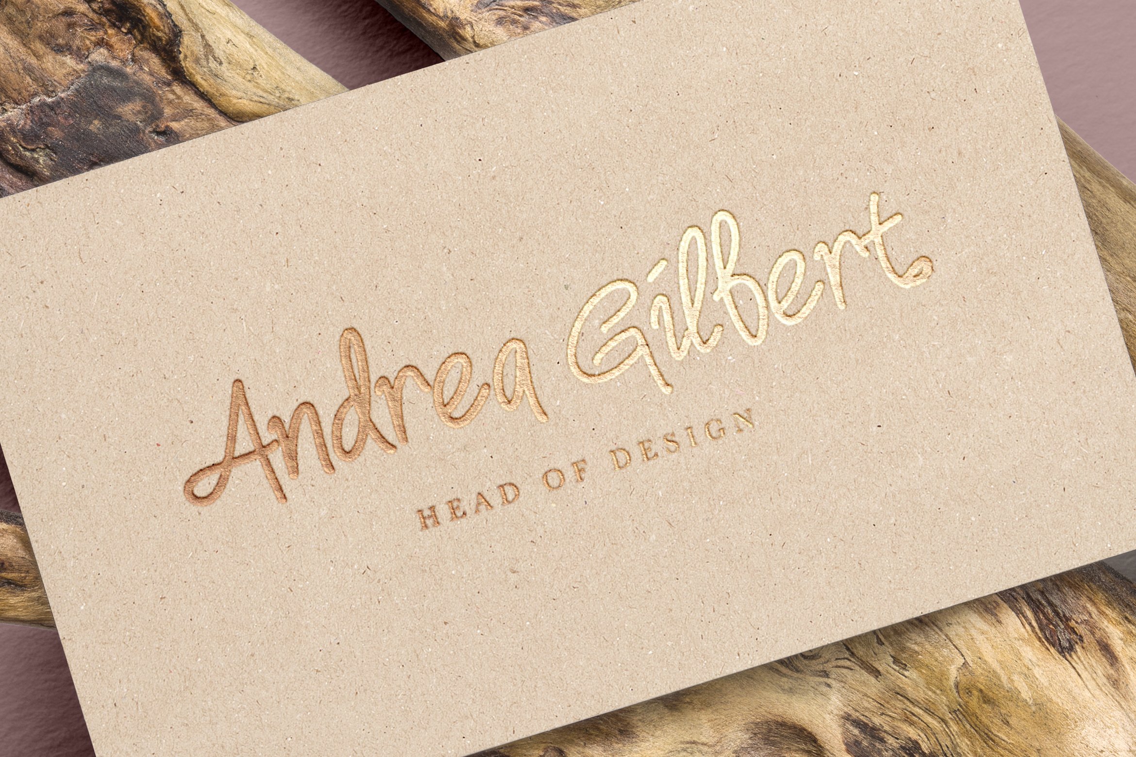 Beige paper with a gold font.